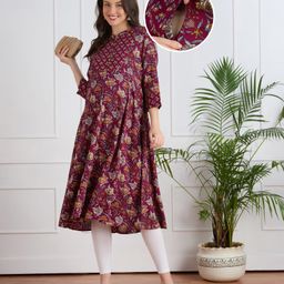 Bella Mama Viscose Woven Three Forth Sleeves Floral Printed Highlighted Yoke Maternity Kurta - Wine-picture-19