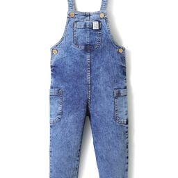 Bonfino Woven Full Length Washed Denim Dungaree With Badge Detail - Blue-image-81
