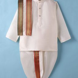 Dapper Dudes Woven Full Sleeves Solid Kurta With Ethnic Foil Printed Dhoti & Angavastram Set - Off White-picture-9