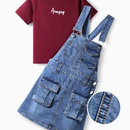 OLLINGTON ST. Cotton Half Sleeves Top & Denim Pinafore - Maroon & Indigo-picture-15