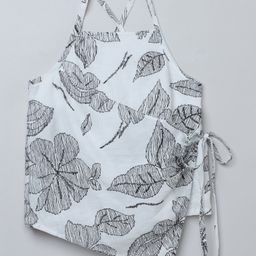 Taffykids Linen Woven Sleeveless Leaves Printed Halter Neck Detailed Side Tie Up Top - White & Black-image-30