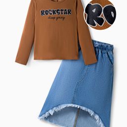 OLLINGTON ST. Cotton Knit Full Sleeves Rockstar Text Printed Top & Stretchable Skirt Denim Set -Brown & Blue-picture-25