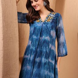 Sangria Women Georgette Tie & Dye and Embroidered A-line Flared Kurta-image-14