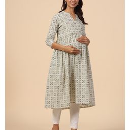 CRAFIQA Three Fourth Sleeves Abstract Printed Maternity Kurta With Concealed Zipper Nursing Access - Grey Blue image 4