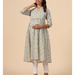 CRAFIQA Three Fourth Sleeves Abstract Printed Maternity Kurta With Concealed Zipper Nursing Access - Grey Blue image 5
