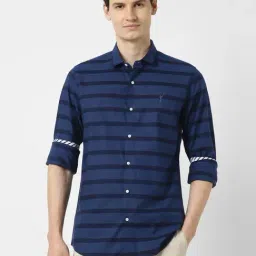 Peter England Blue Cotton Slim Fit Striped Shirt-picture-43