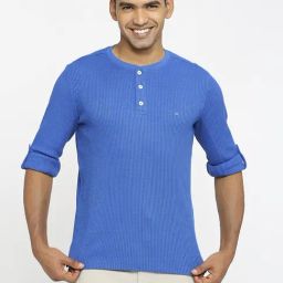 Basics Blue Cotton Muscle Fit Texture Henley T-Shirt-image-61