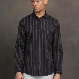 Turtle Navy Blue Cotton Slim Fit Striped Shirt-image-43