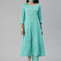 Ishin Blue Cotton Printed Kurta Pant Set With Mask-image-2