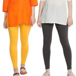 Dollar Missy Yellow & Charcoal Grey Cotton Leggings (Pack of 2)-2