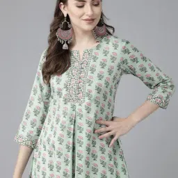 Rain and Rainbow Green & Pink Cotton Printed A Line Kurti-picture-36