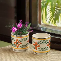 ExclusiveLane 'Ethnic Lily' Off-White & Orange Ceramic Planter Pot - Set of 2-21