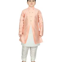 SG Yuvraj Kids Peach & White Textured Pattern Full Sleeves Kurta Set-image-102