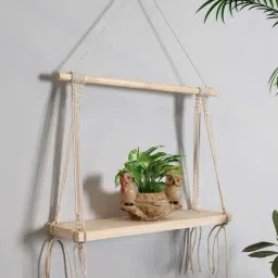 Homesake Macrame Beige Wood Wall Shelf-image-0