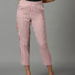 SHOWOFF Mauve Striped Straight Fit Mid Rise Trousers-4