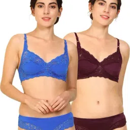 AROUSY Blue & Maroon Cotton Self Pattern Bra Panty Set - Pack Of 2-image-50