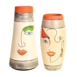 AAKRITI ART CREATIONS 2Pcs Beige & Red Terracotta Mohana Decorative Vases-29