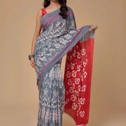 Zari Jaipur Grey & Red Cotton Printed Saree With Unstitched Blouse-picture-18