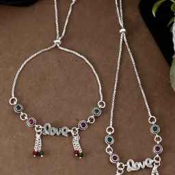 VOJ Silver Adjustable Love Minakari Flexible Anklets-picture-10