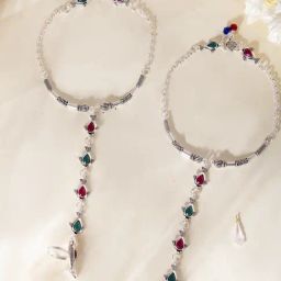 VOJ Silver Adjustable Minakari Flexible Anklets-image-75