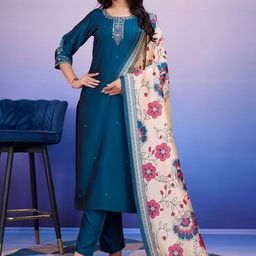 FILIB LONDON Women Floral Embroidered Silk Kurti with Trousers & Dupatta-picture-22