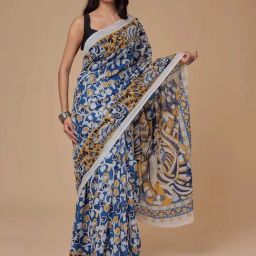 Zari Jaipur Blue Cotton Printed Saree With Unstitched Blouse-image-51