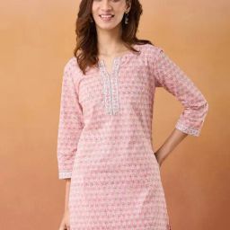 Fabindia Pink Cotton Slim Fit Hand Block Printed Short Kurta-image-87