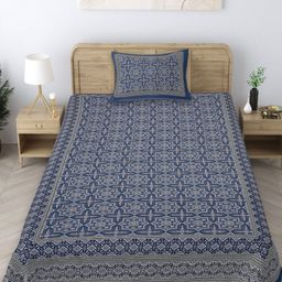 Texstylers Blue & Green Floral 140 TC Single Bedsheet with 1 Pillow Covers-image-61