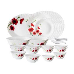 Borosil Red Lily White Opalware Dinner Set - 33 Pieces-18