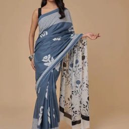 Zari Jaipur Blue Cotton Printed Saree With Unstitched Blouse-image-60