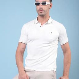 Crimsoune Club White Blended Slim Fit Solid Polo T-Shirt-image-71