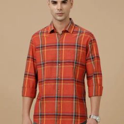 CAVALLO by Linen Club Red Linen Blend Slim fit Checks casual shirts-image-0