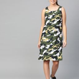 Zima Leto Women Green & Black Camouflage Print A-Line Dress-image-90