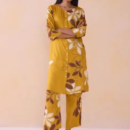 Ancestry Mustard Satin Print 3/4Th Sleeve Kurta-picture-28