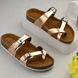 Hoversole Women's Kayla Rose Gold Cork Cross Strap Sandals-picture-18