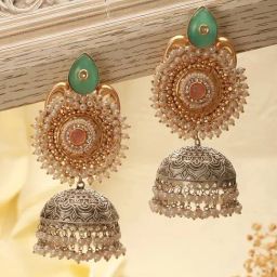 Saraf RS Jewellery Statement Dual Toned Gold & Oxidised Pearl Beaded Designer Earring Jhumki Earring-6