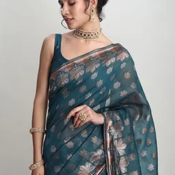 Janasya Floral Woven Design Zari Linen Blend Saree-image-77