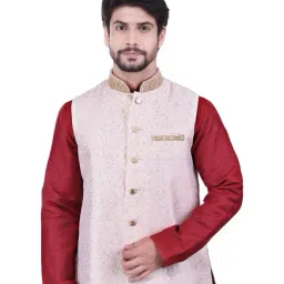Manyavar Beige Self Print Ethnic Jacket-image-35