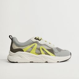 MANGO Women Grey & Fluorescent Green Self Checked Sneakers-picture-1