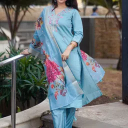 zinzraa Chanderi Silk V-Neck Straight Kurta With Trousers And Dupatta-image-71