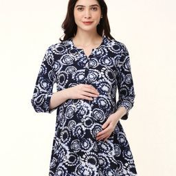 Bella Mama Three Fourth Sleeves Tie Dye Printed Maternity Top - Navy Blue-image-54