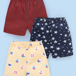 Babyhug Cotton Knit Boxers Boat & Stars Print Pack of 3 - Maroon Navy Blue  & Yellow-image-65