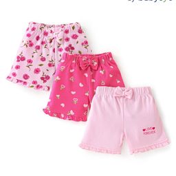 Babyoye Eco Conscious 100% Cotton Mid Thigh Floral Printed Shorts with Bow Applique Pack of 3 - Dark & Light Pink-image-90