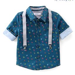 Babyoye 100% Cotton Full Sleeves Party Shirt with Suspender Alphabets Printed - Blue-image-103