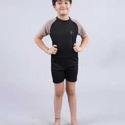 Kiddopanti Raglan Half Sleeves Solid Swimsuit - Black & Light Brown-picture-19