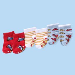 Cute Walk by Babyhug Anti Skid Ankle Length Antibacterial Knitted Striped & Car Design Socks Pack Of 3 - Blue Red & White-picture-7