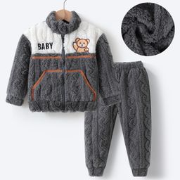 Kookie Kids Full Sleeves Front Zipper Winter Wear Suit With Teddy Embroidery - Grey & White-image-14