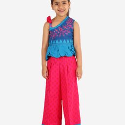 Twisha Cotton One Shoulder Floral Embroided & Applique Detailed Top With Palazzo Set - Blue & Pink-picture-32