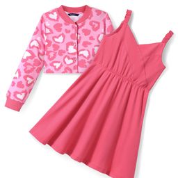 Pine Kids Cotton Knit Full Sleeves Hearts Printed Jacket with Solid Color Frock - Dark Pink-image-81