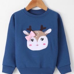 Bodycare Fleece Knitted Full Sleeves Sweatshirt With Reindeer Embroidery & Bow Applique - Navy Blue-image-40
